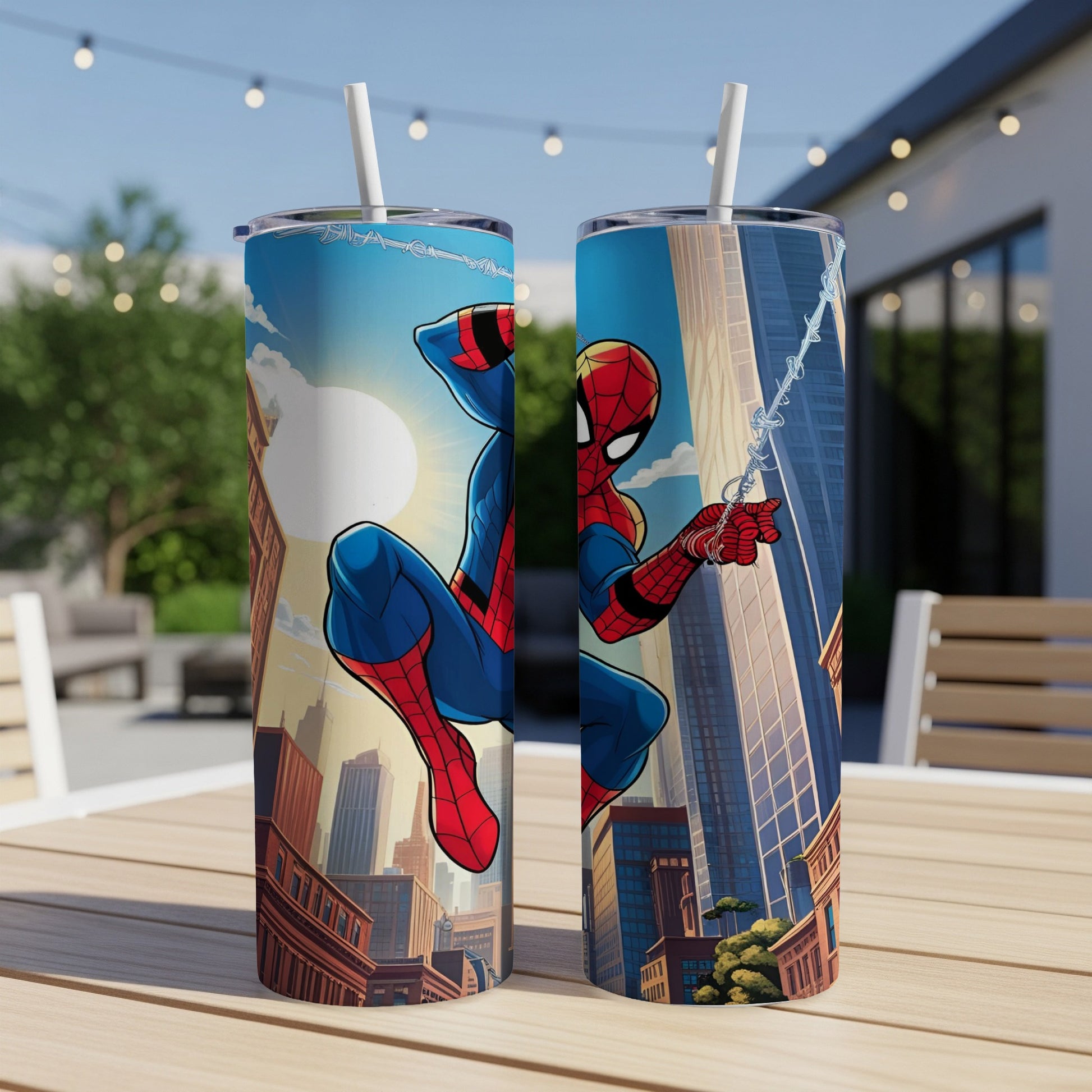 Spider-Man swinging between buildings, rendered in comic book style.