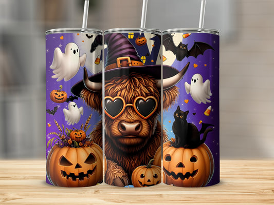 Halloween Highland Cow with Pumpkins Ghosts and Cats Tumbler