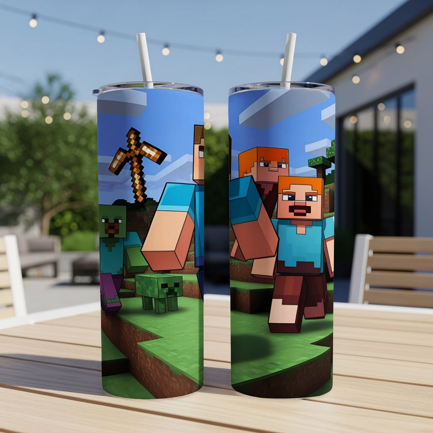 Minecraft characters Steve and a zombie with a pig on a grassy dirt block design.