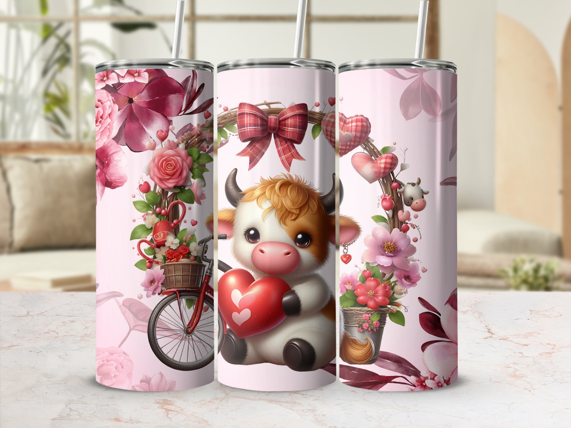 Cute Floral Cow and Heart Themed Travel Mug