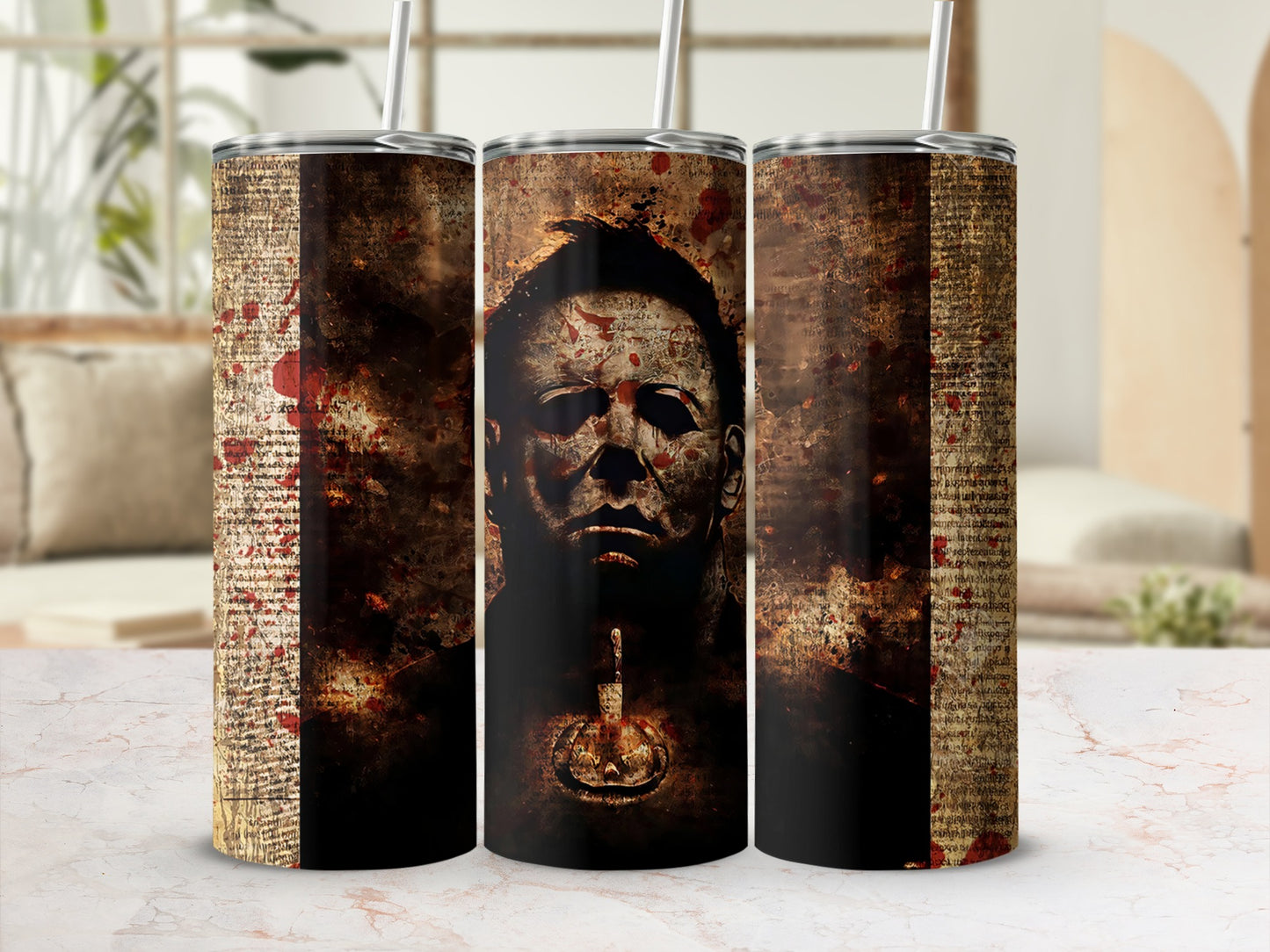 Michael Myers tumbler with bloody text and pumpkin imagery.