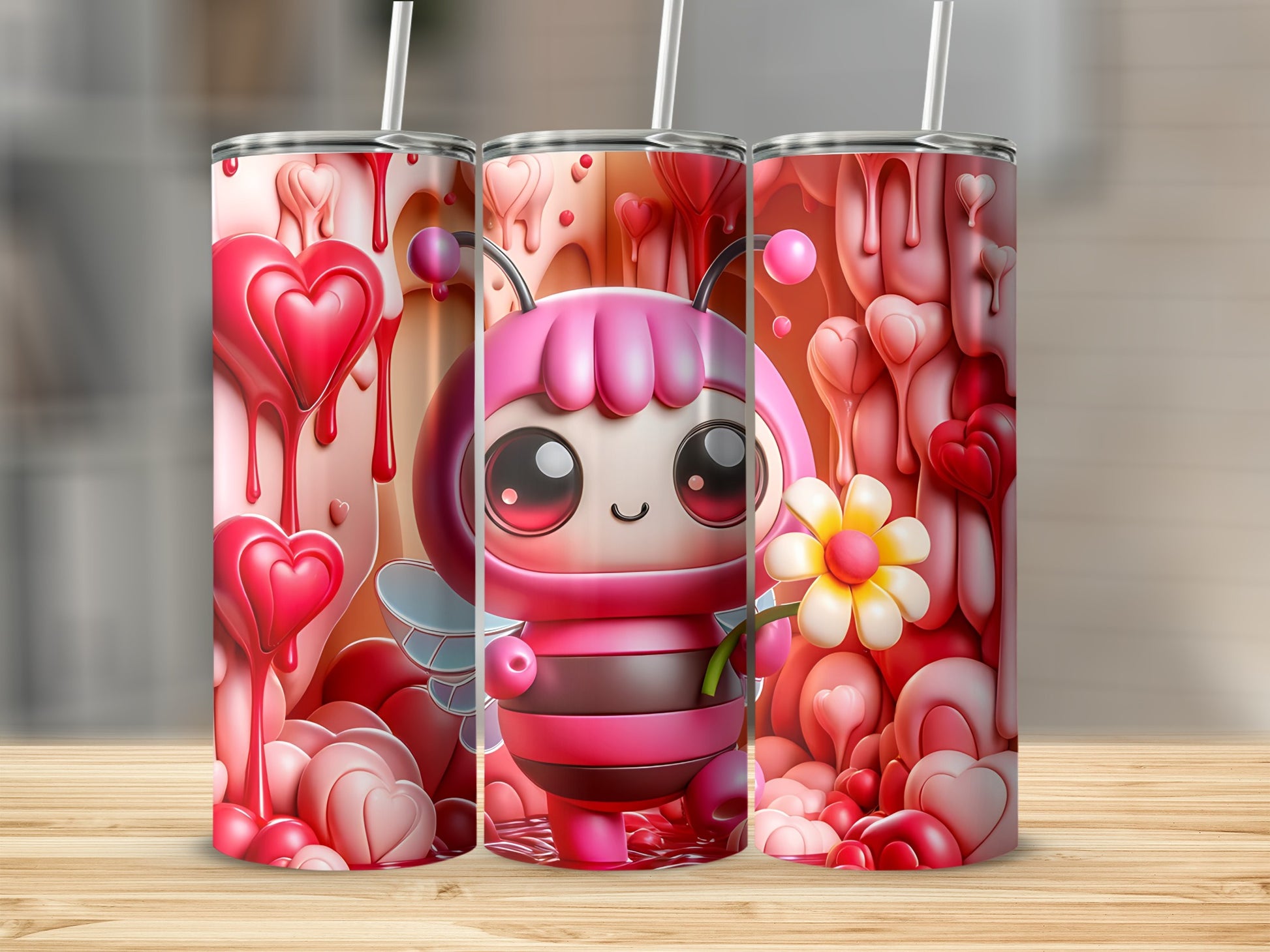 Cute Heart Bee and Flower Design Tumbler Cup