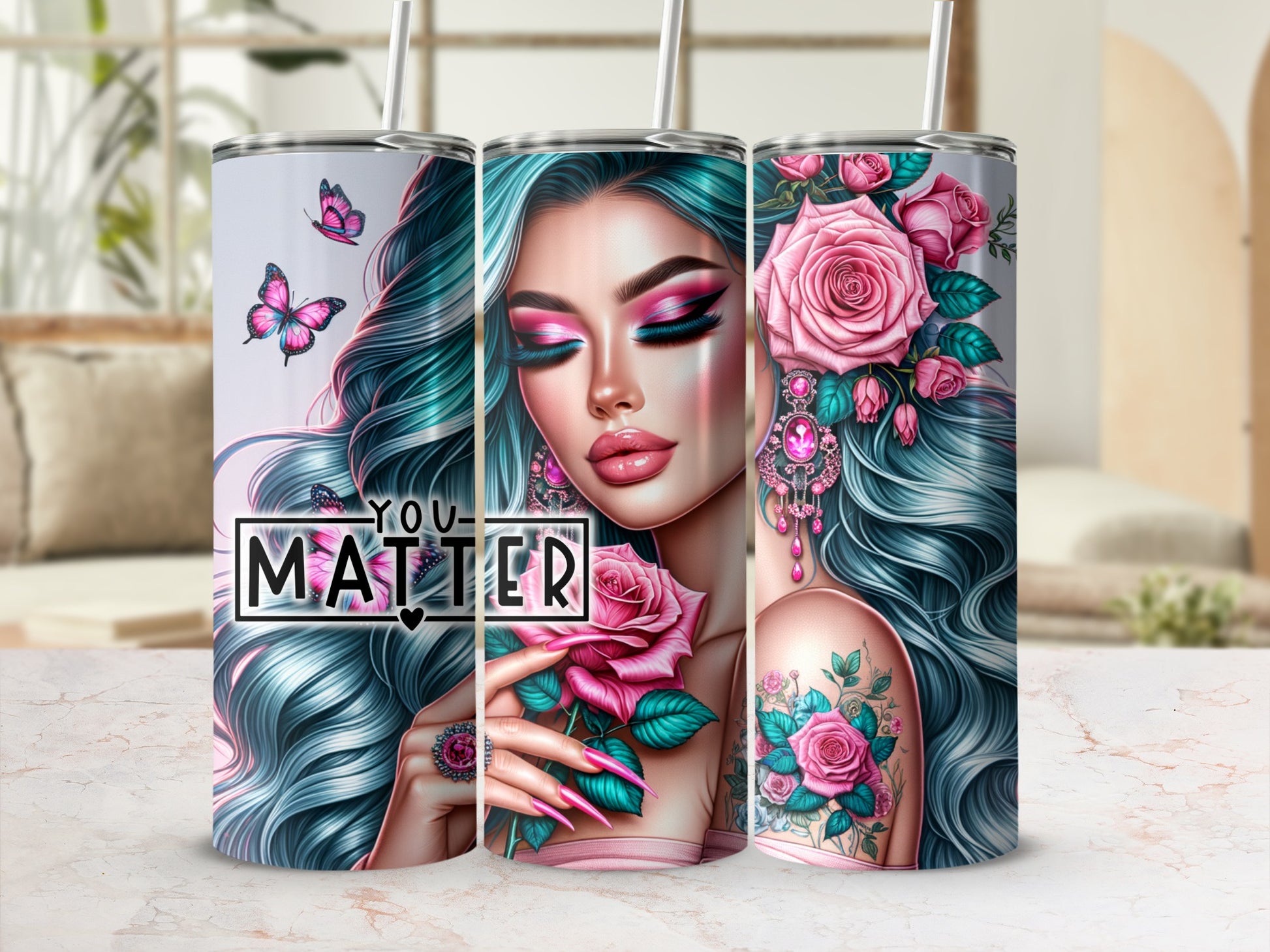 Tumbler with teal-haired woman holding pink roses and "YOU MATTER" text.