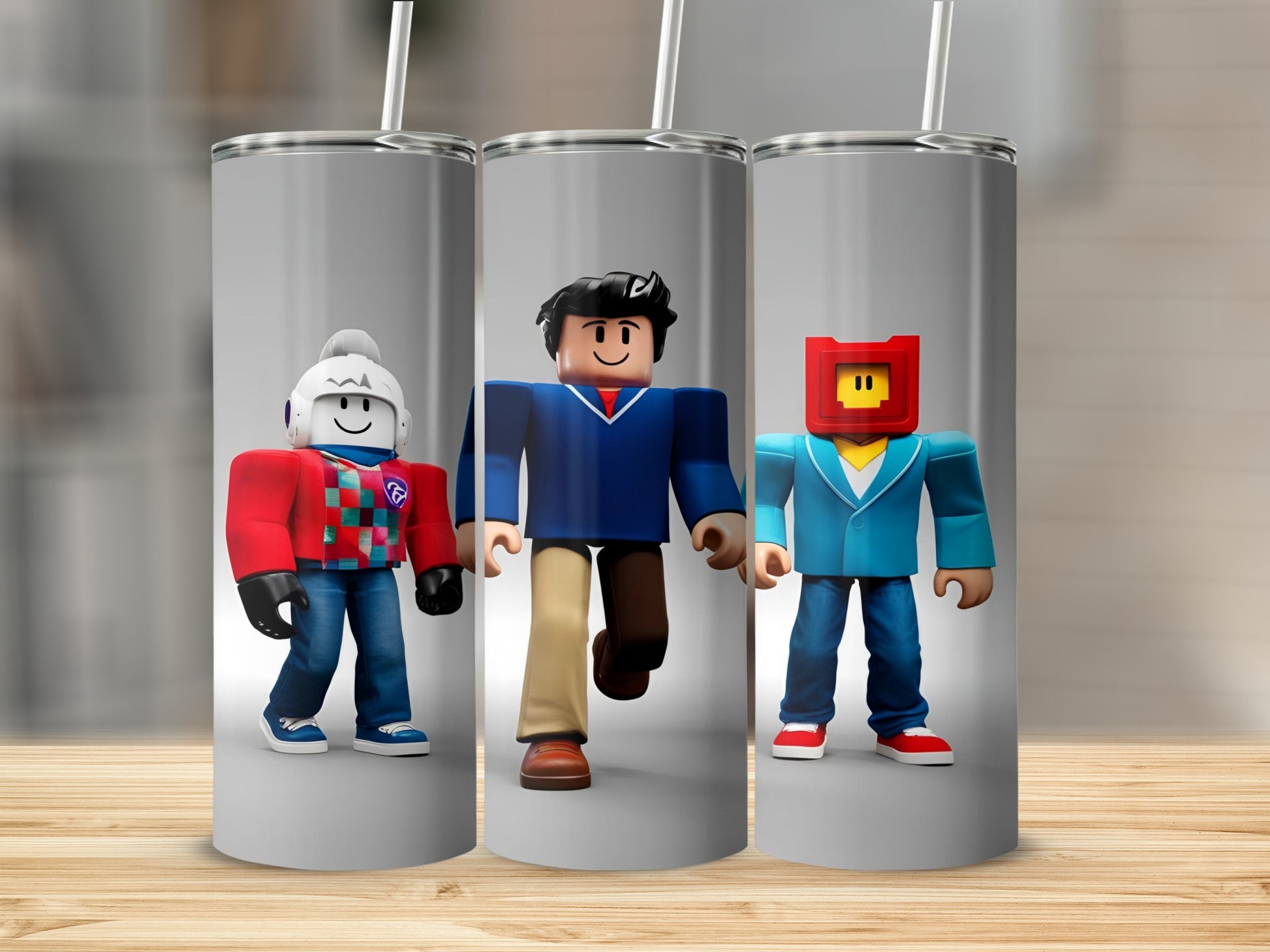 Roblox characters in blue, red, and yellow outfits on a white tumbler.