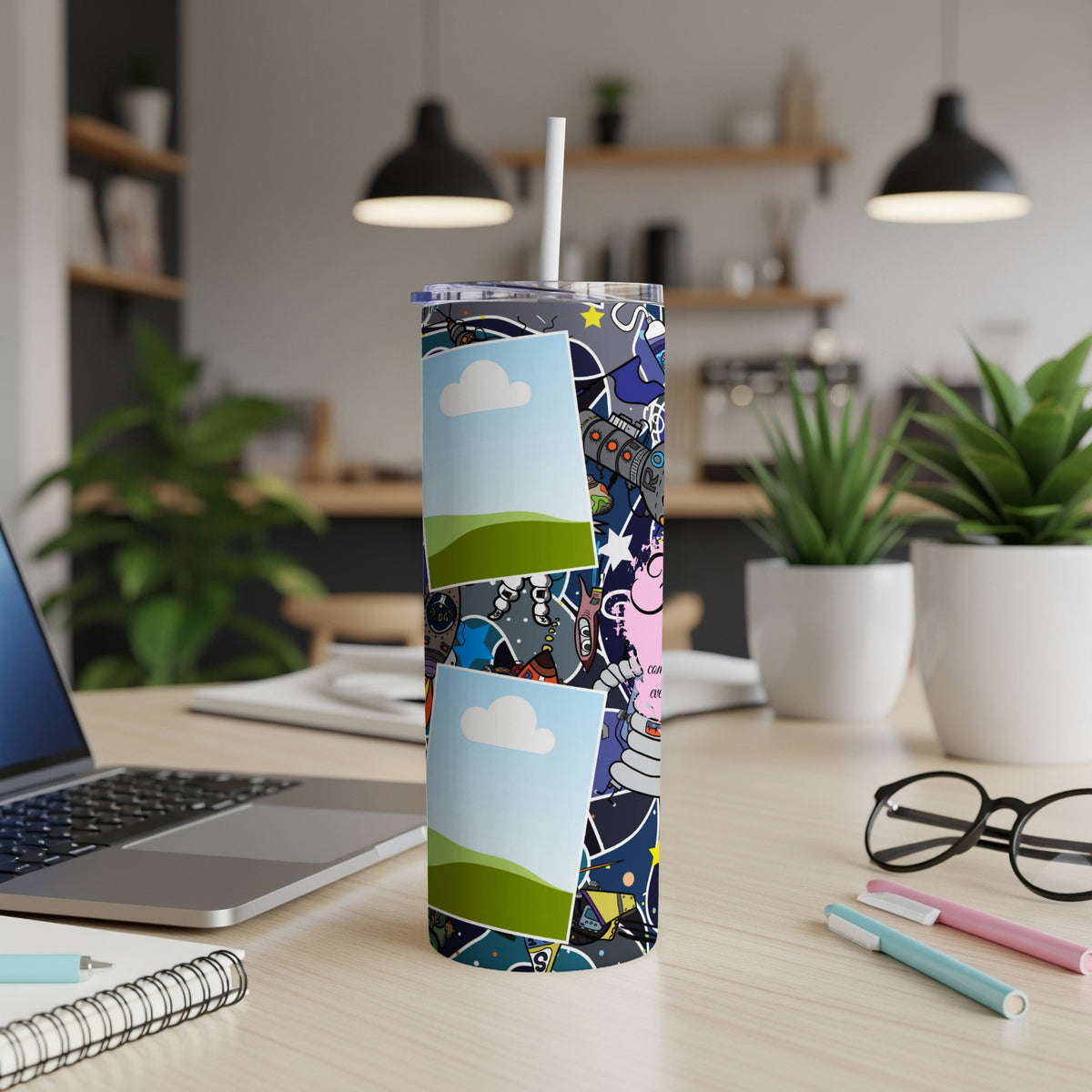 Tall tumbler with space-themed cartoon print and two photo frames.
