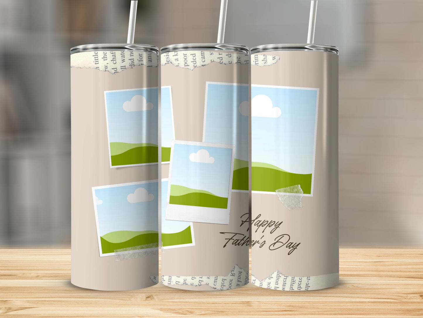 Tumbler with torn paper edge, photos of landscapes, and "Happy Father's Day" text.