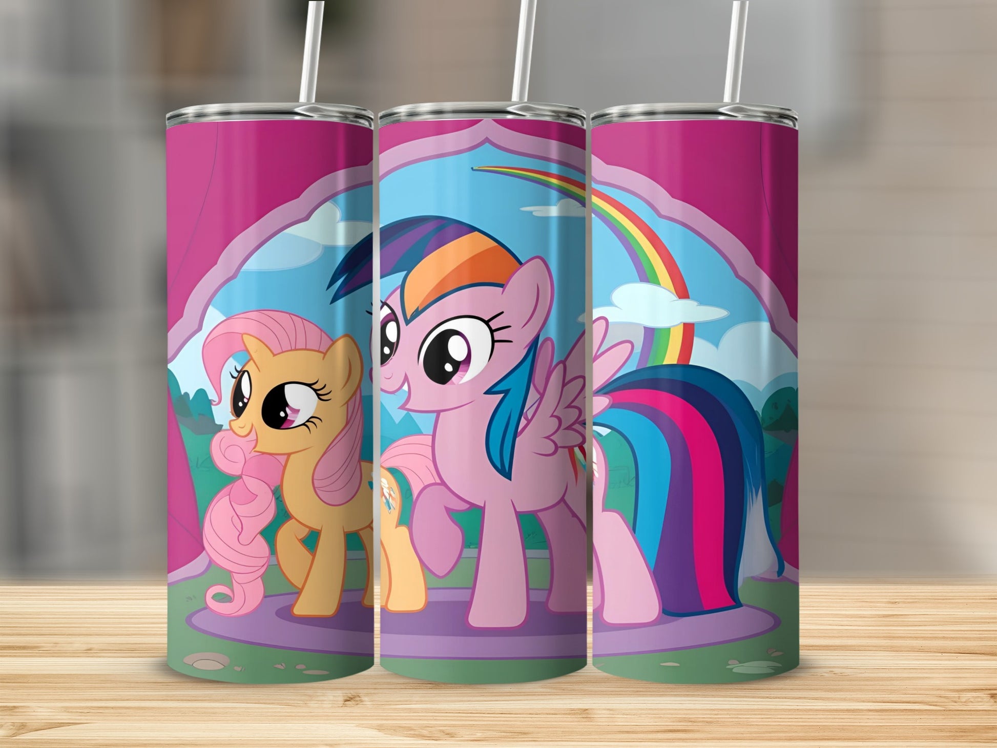 My Little Pony characters Rainbow Dash and Fluttershy in a colorful cartoon scene.
