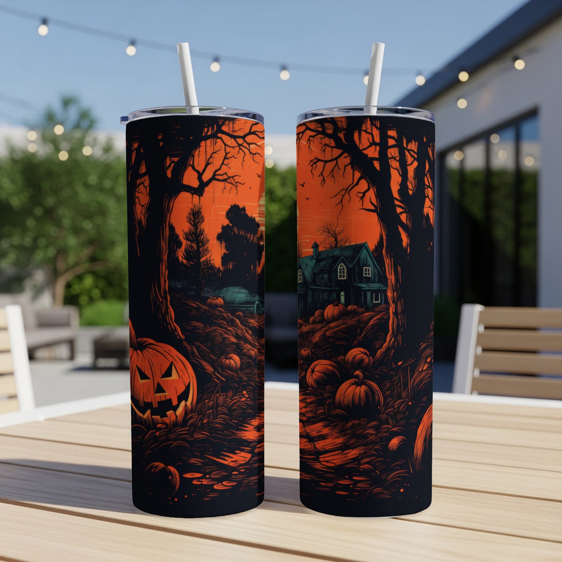Two Halloween-themed tumblers with a spooky house, pumpkins, and trees on an orange background.