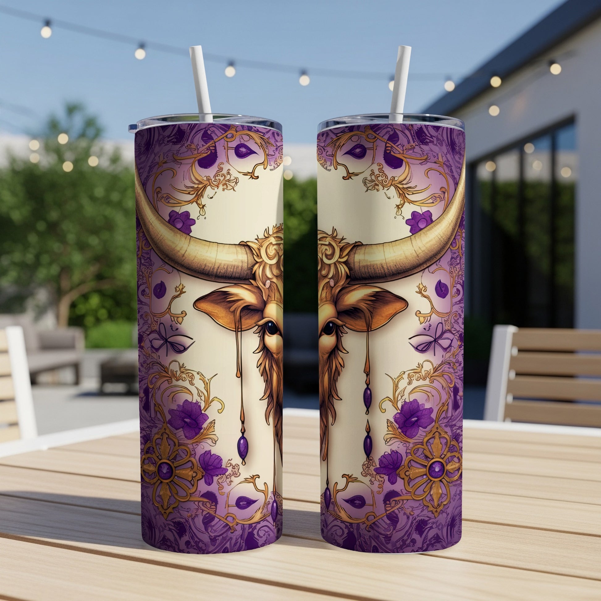 Tall tumbler featuring a golden bull's head with purple floral accents.