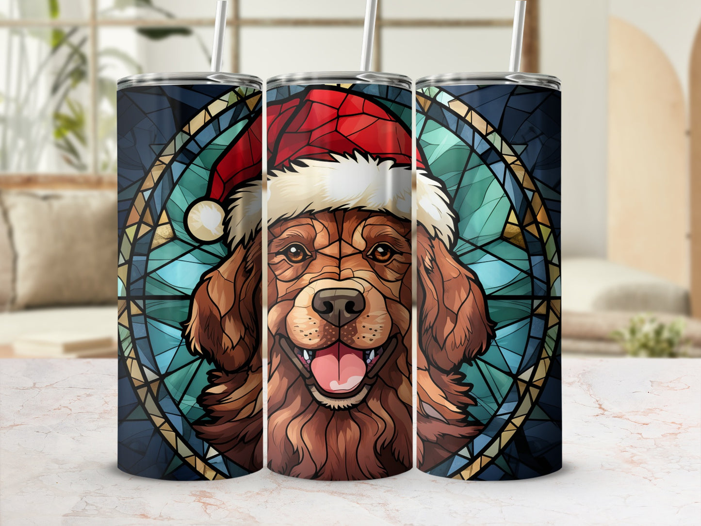 Stained glass tumbler with festive dog wearing Santa hat.