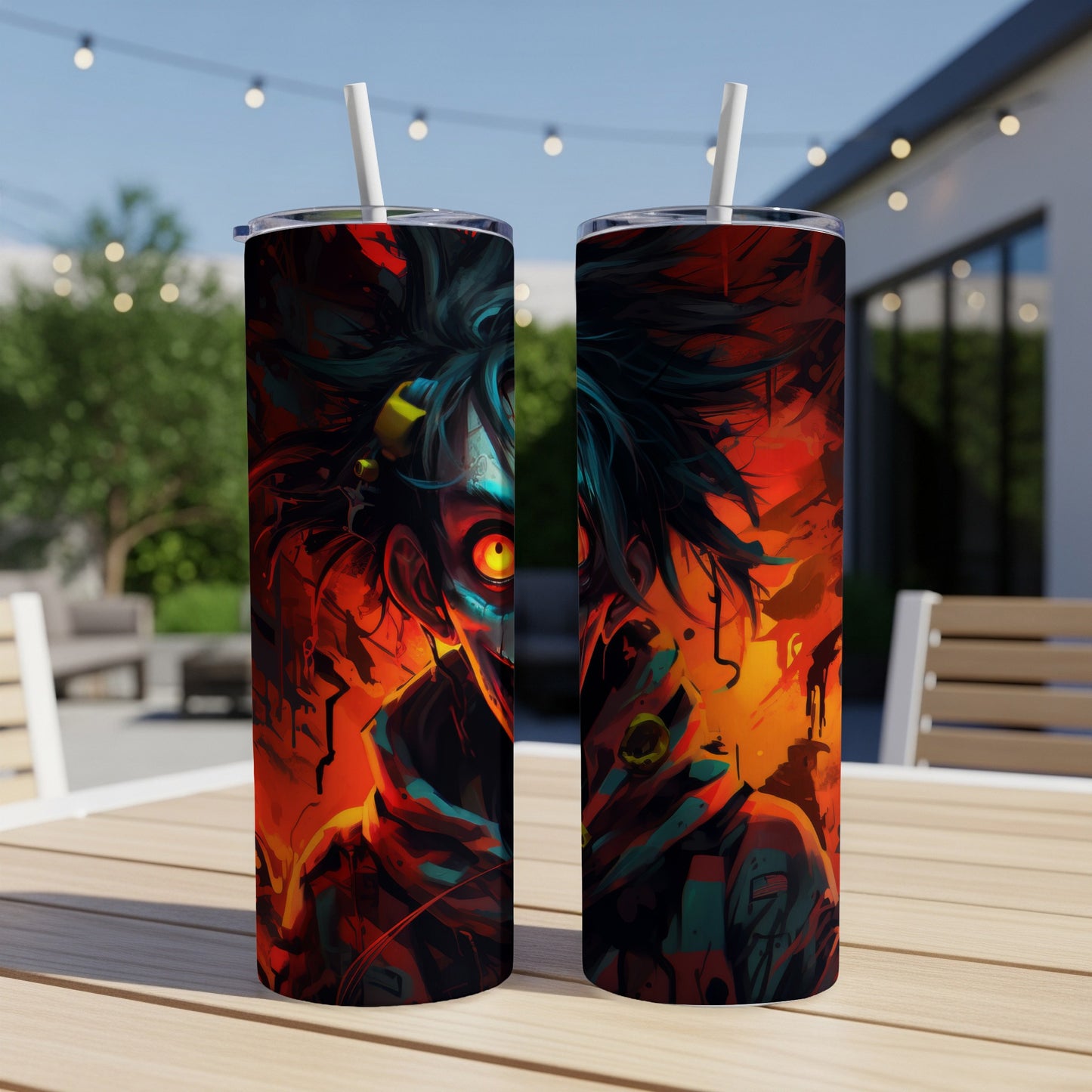 Two tumblers with an anime character design featuring fiery reds and teal accents.