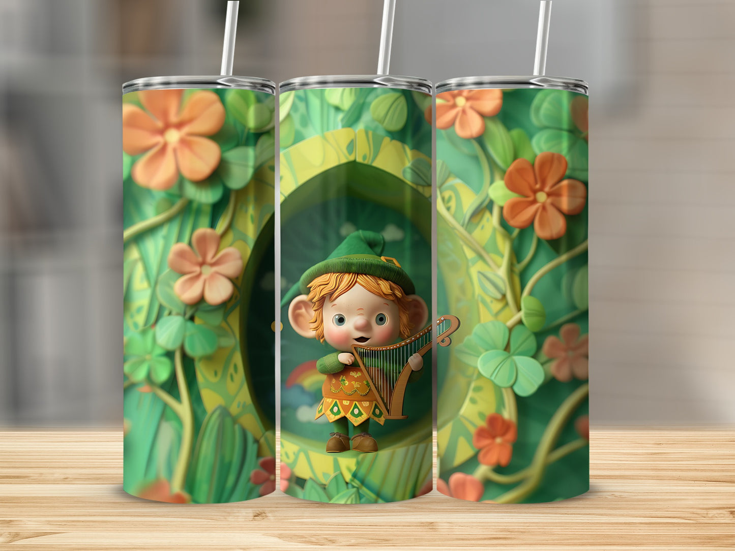 Leprechaun with harp on a green background with flowers and leaves.