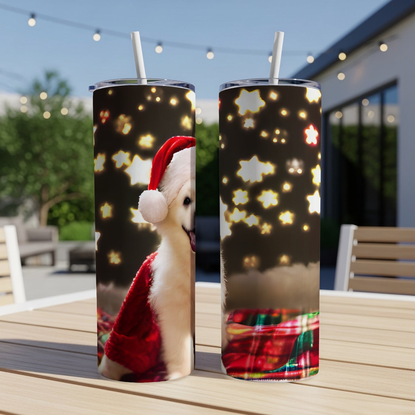 Dog wearing Santa hat with festive lights, on two tumblers.