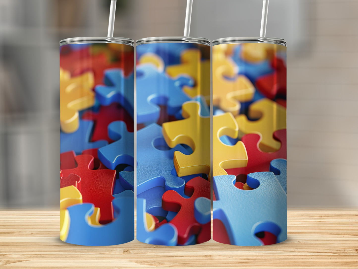 Three colorful puzzle piece tumblers on a wooden surface.