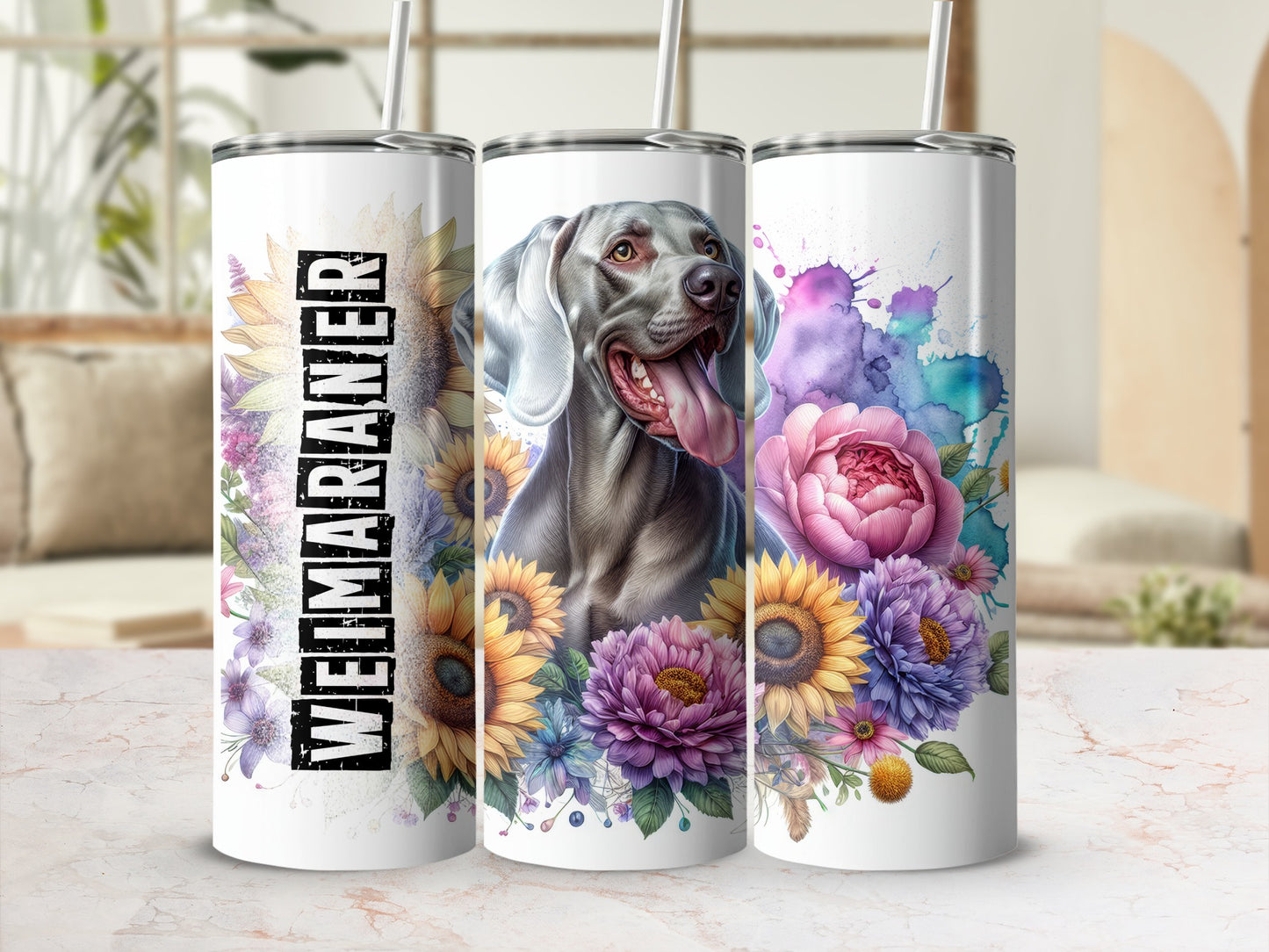 Weimaraner dog with watercolor flowers on three tumblers.
