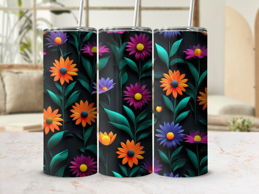Three tumblers with a dark floral pattern and colorful daisy designs.