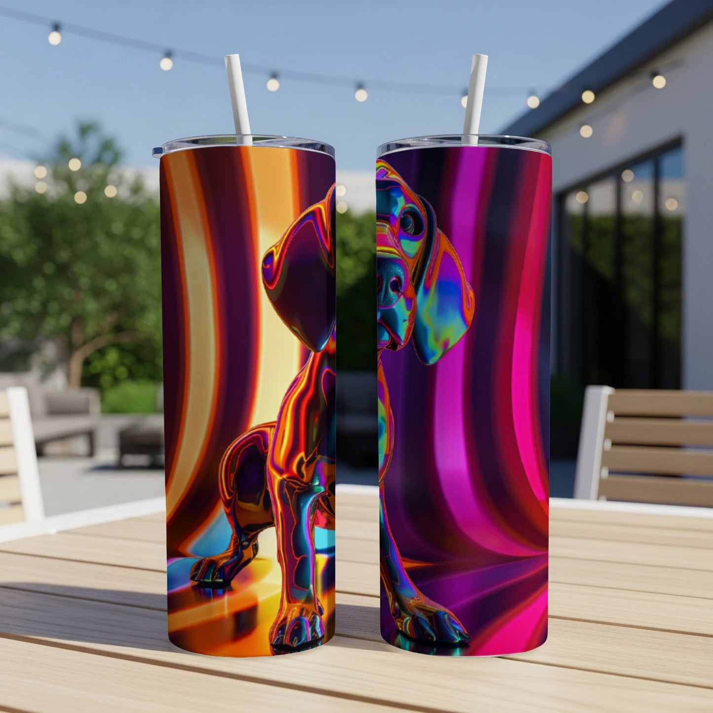 Two colorful tumblers with a dog silhouette against a swirling, iridescent background.