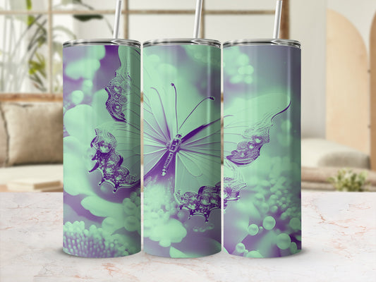 Green and purple butterfly and floral design on three tumblers.