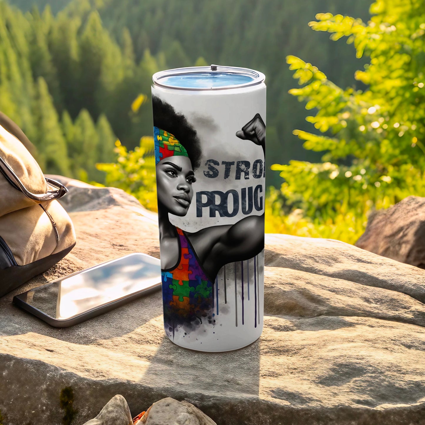 Woman with puzzle piece headband flexing arm, "Strong" text on tumbler.