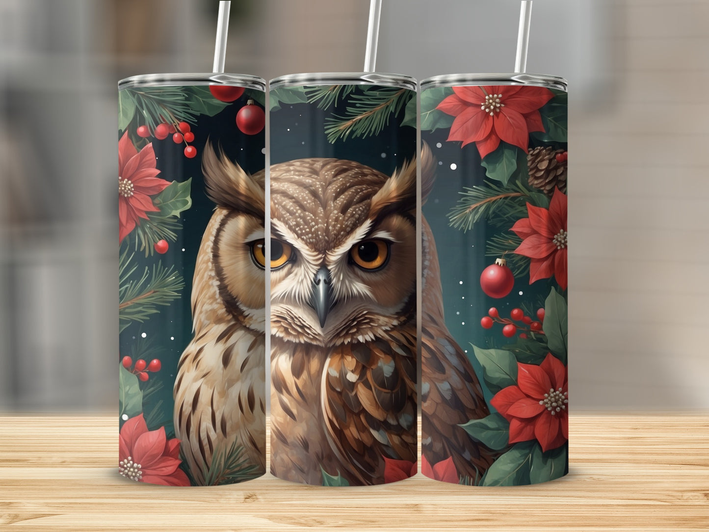 Triptych of tumblers featuring a detailed owl illustration surrounded by poinsettias and pinecones.