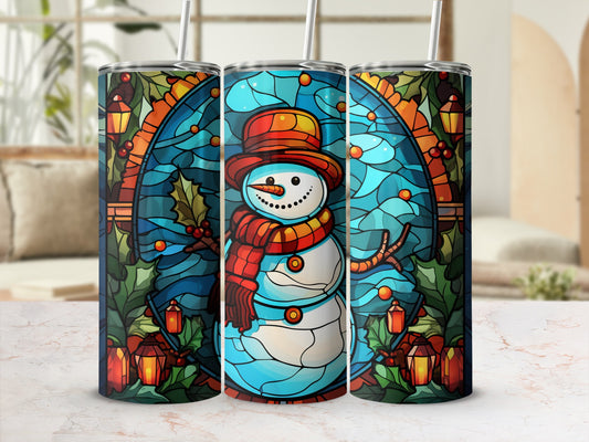 Snowman in a stained-glass window with colorful border and decorative elements.