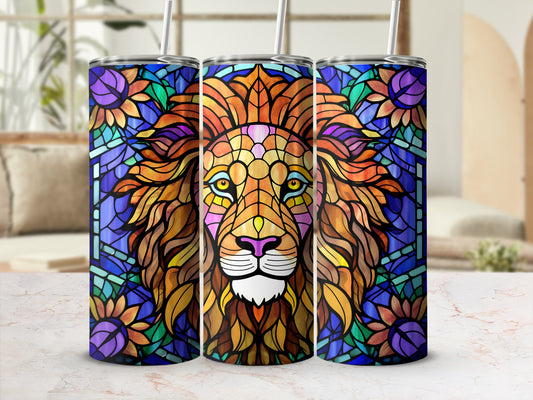 Three stained glass style tumblers featuring a colorful lion's head design.