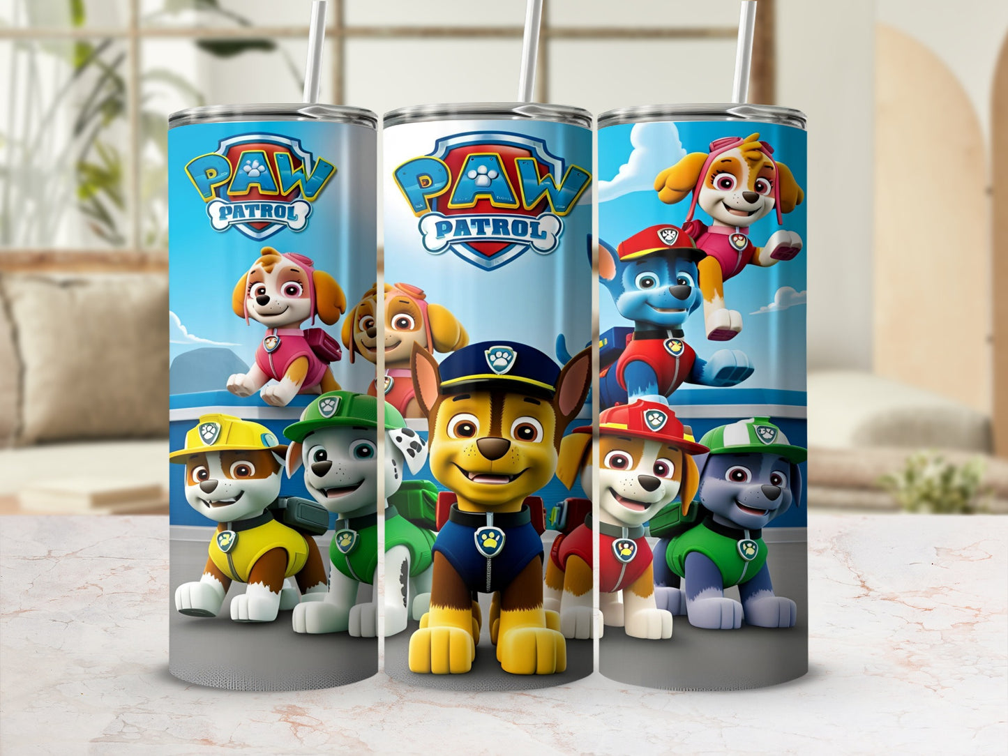 Paw Patrol characters Chase, Marshall, Rubble, Skye, and Zuma on blue and white tumblers.