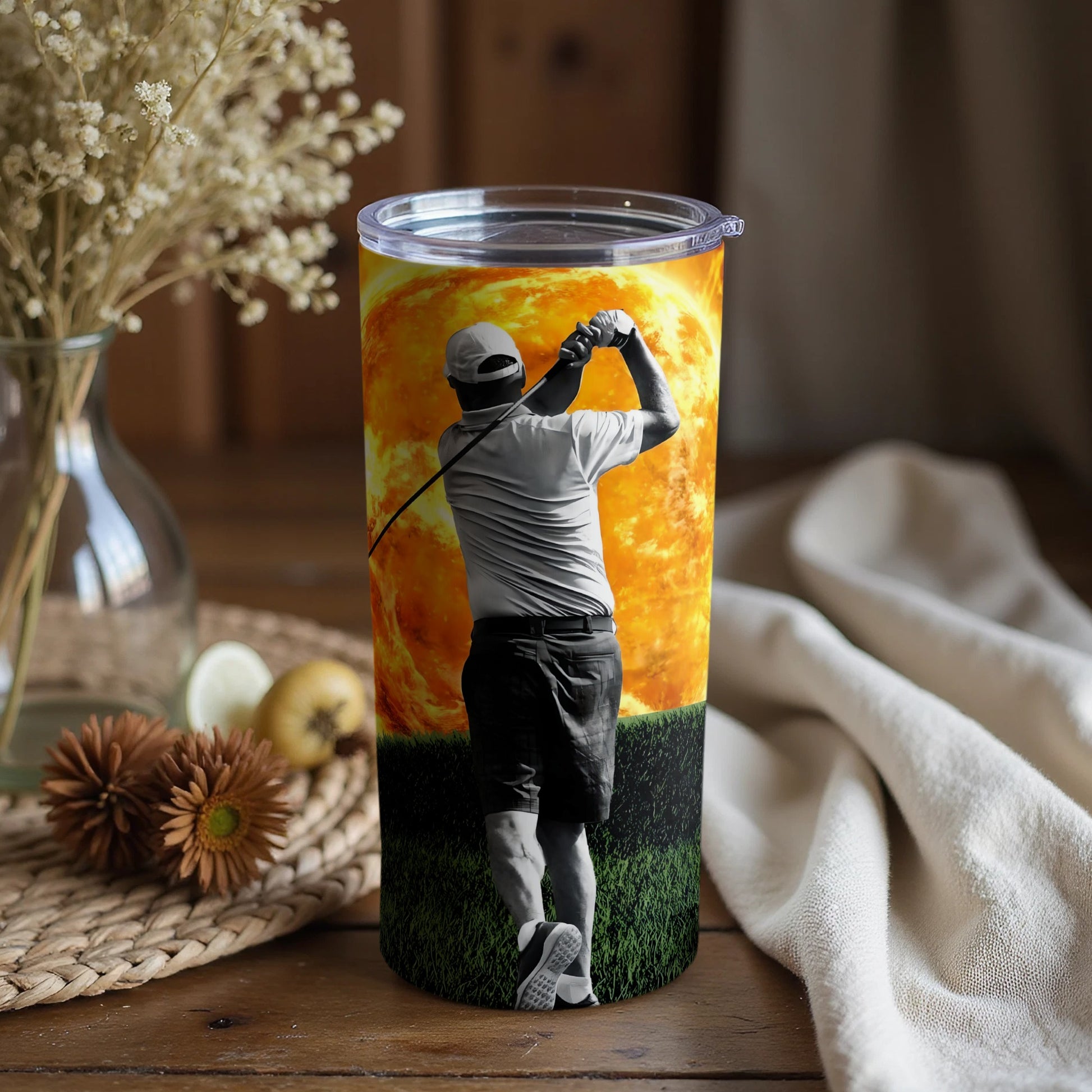 Golf Enthusiast Hitting a Drive Against Sunset Tumbler