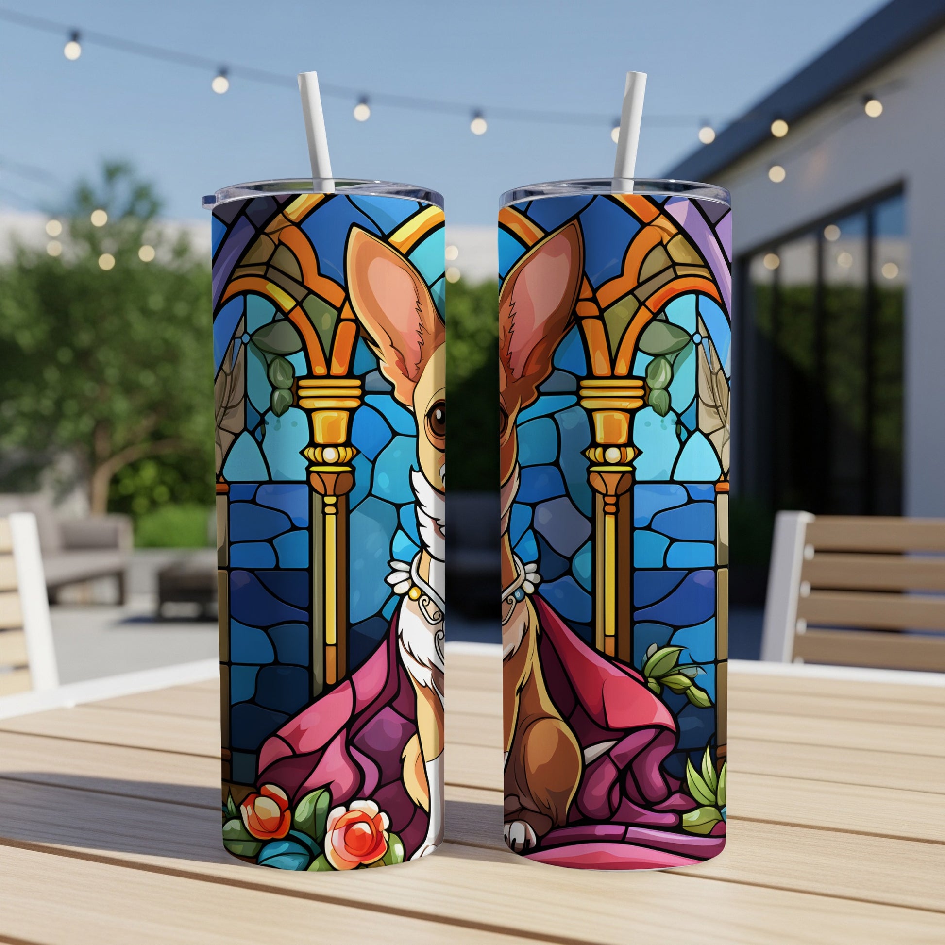 Chihuahua in stained glass pattern on a tumbler with a straw.