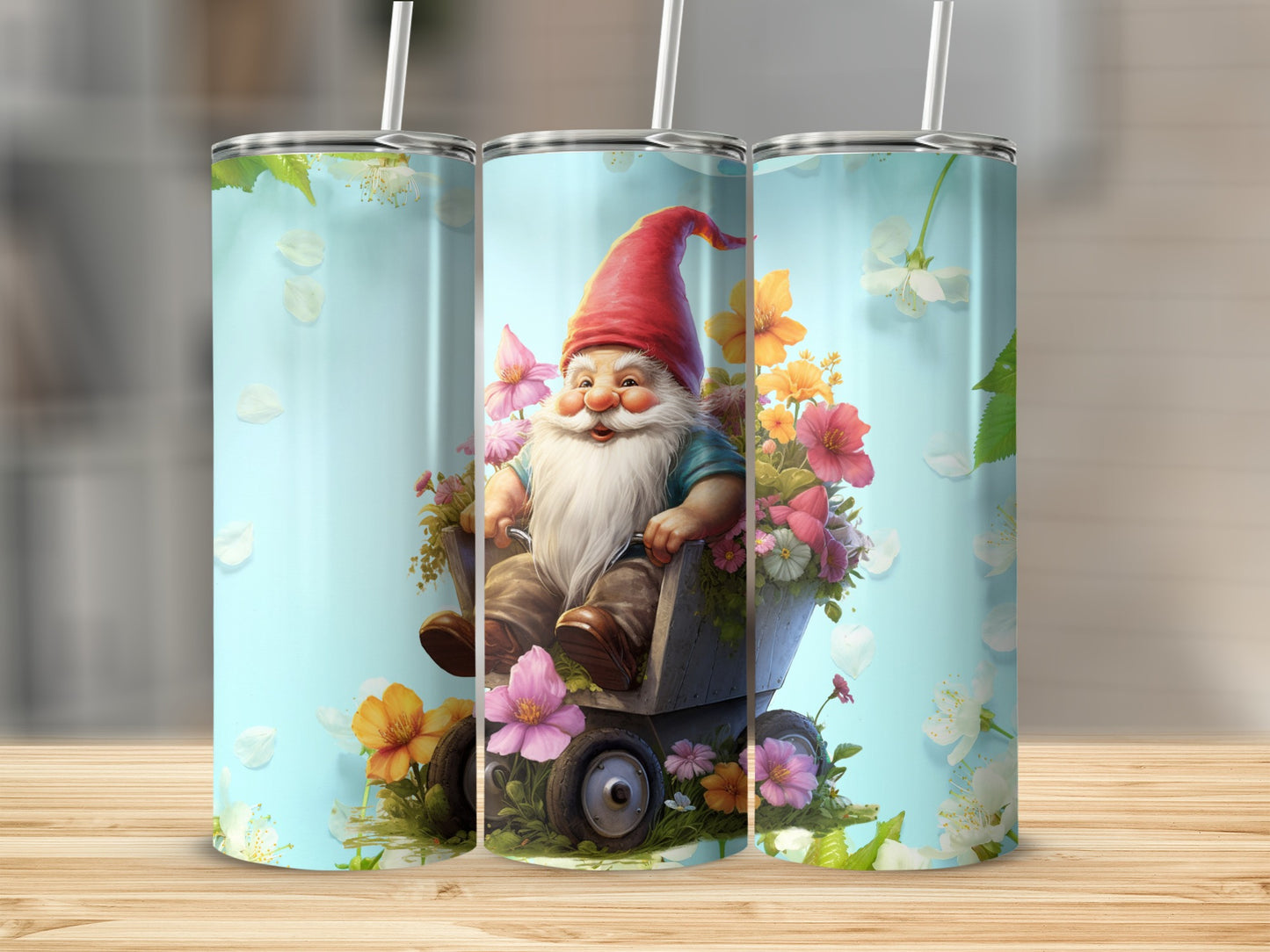 Cheerful Garden Gnome with Flowers Tumbler Cup