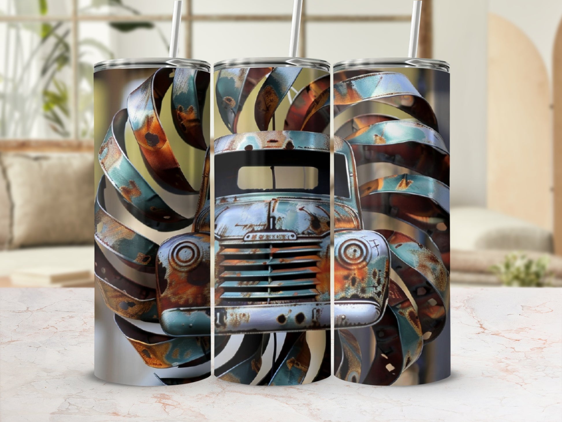 Rustic truck with swirling metal art wrapped around it.