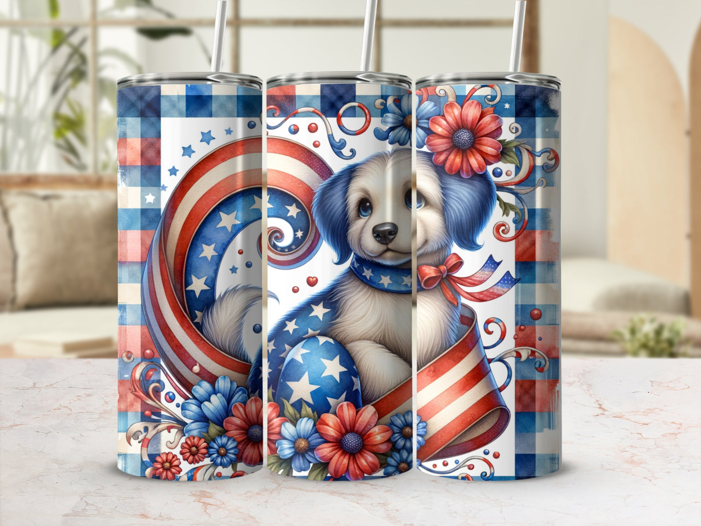 Patriotic dog with stars, flowers, and American flag pattern on a tumbler.