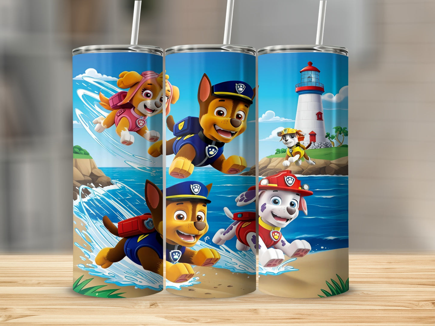 Paw Patrol characters Chase, Marshall, and Skye running on a beach with a lighthouse.