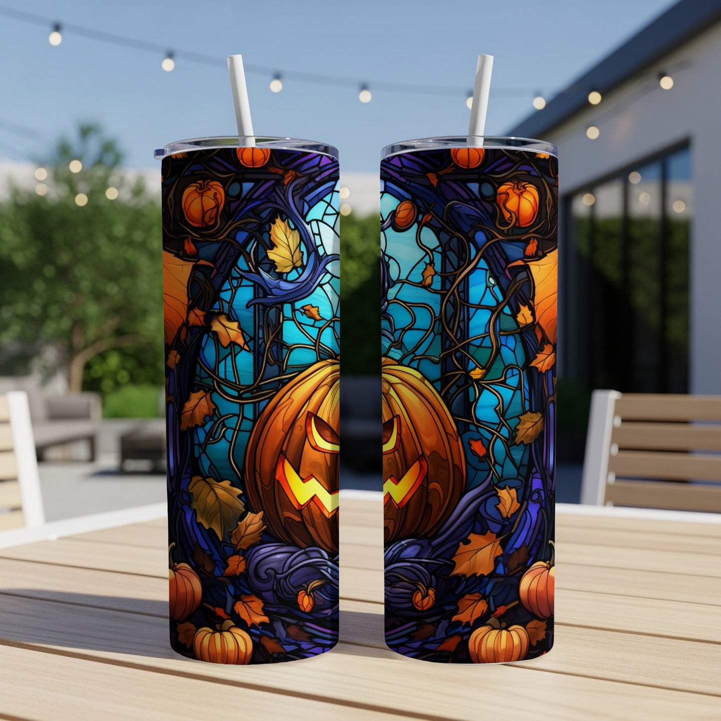 Two Halloween-themed tumblers with carved pumpkins and stained-glass-style autumn leaves.