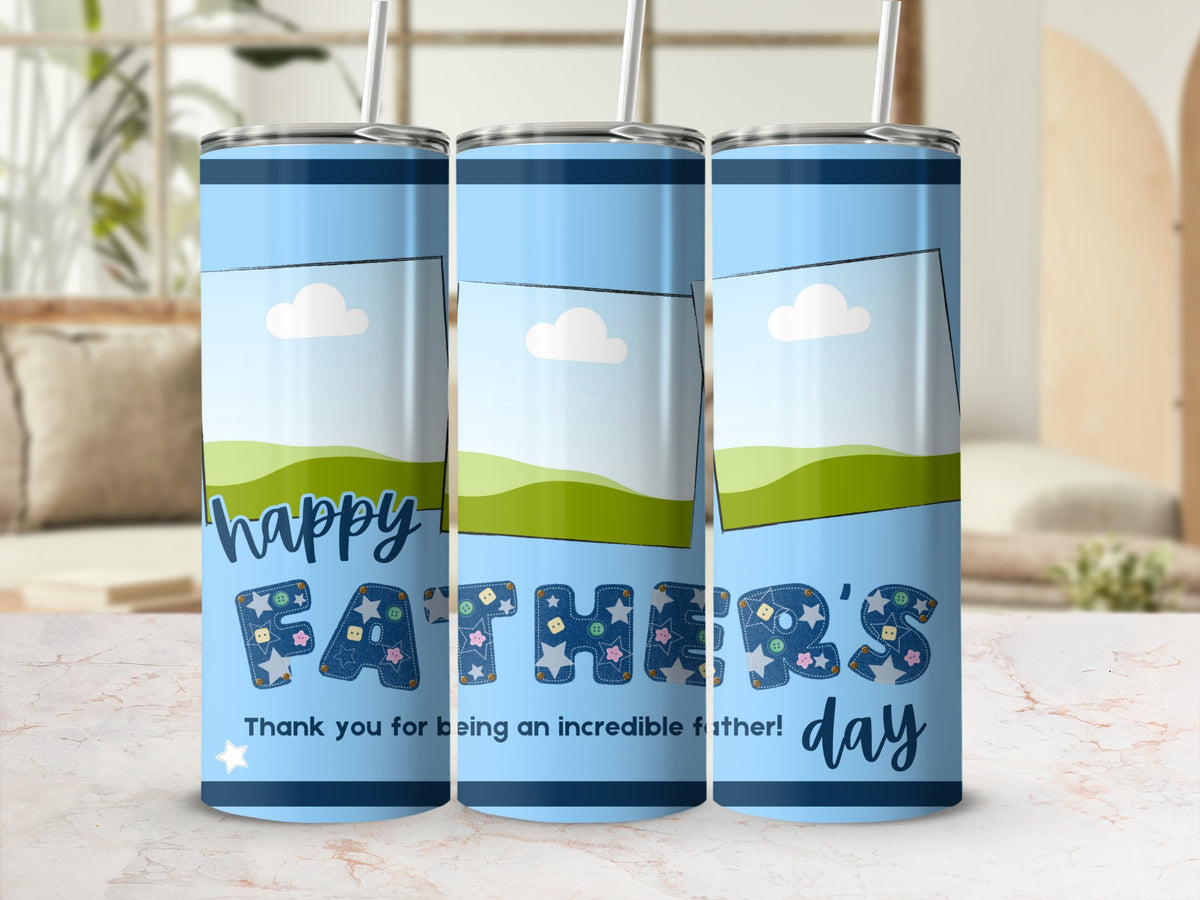 Blue tumbler with "Happy Father's Day" text and denim-style letters.