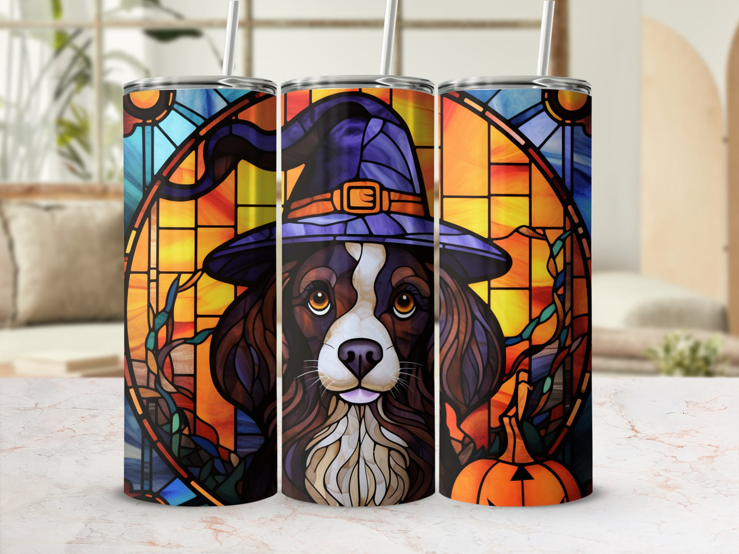 Dog wearing witch hat with stained glass background and pumpkin.