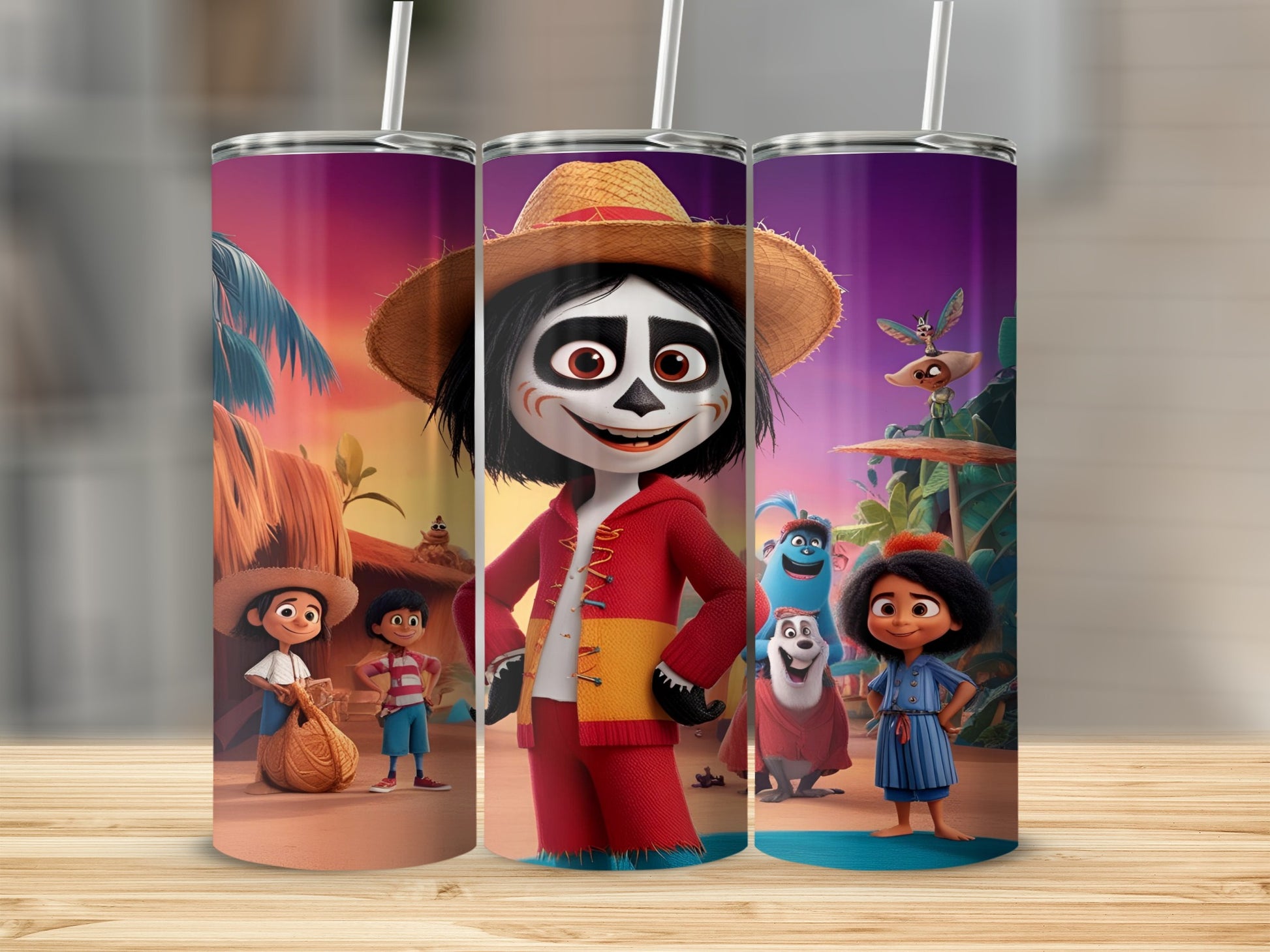 Miguel and his family from Disney's Coco stand together in a colorful, cartoon landscape.