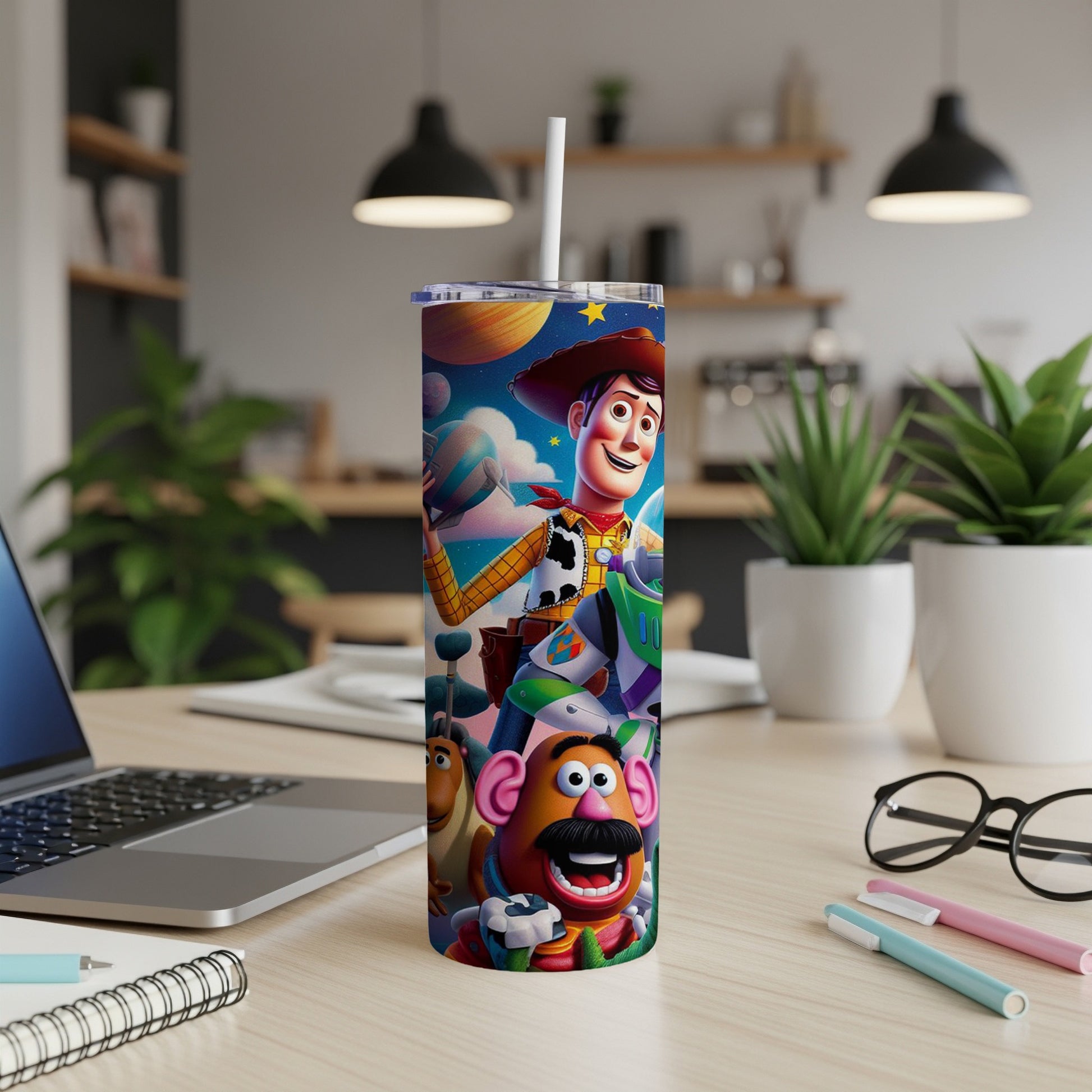 Toy Story characters Woody, Buzz Lightyear, and Mr. Potato Head on a tumbler.