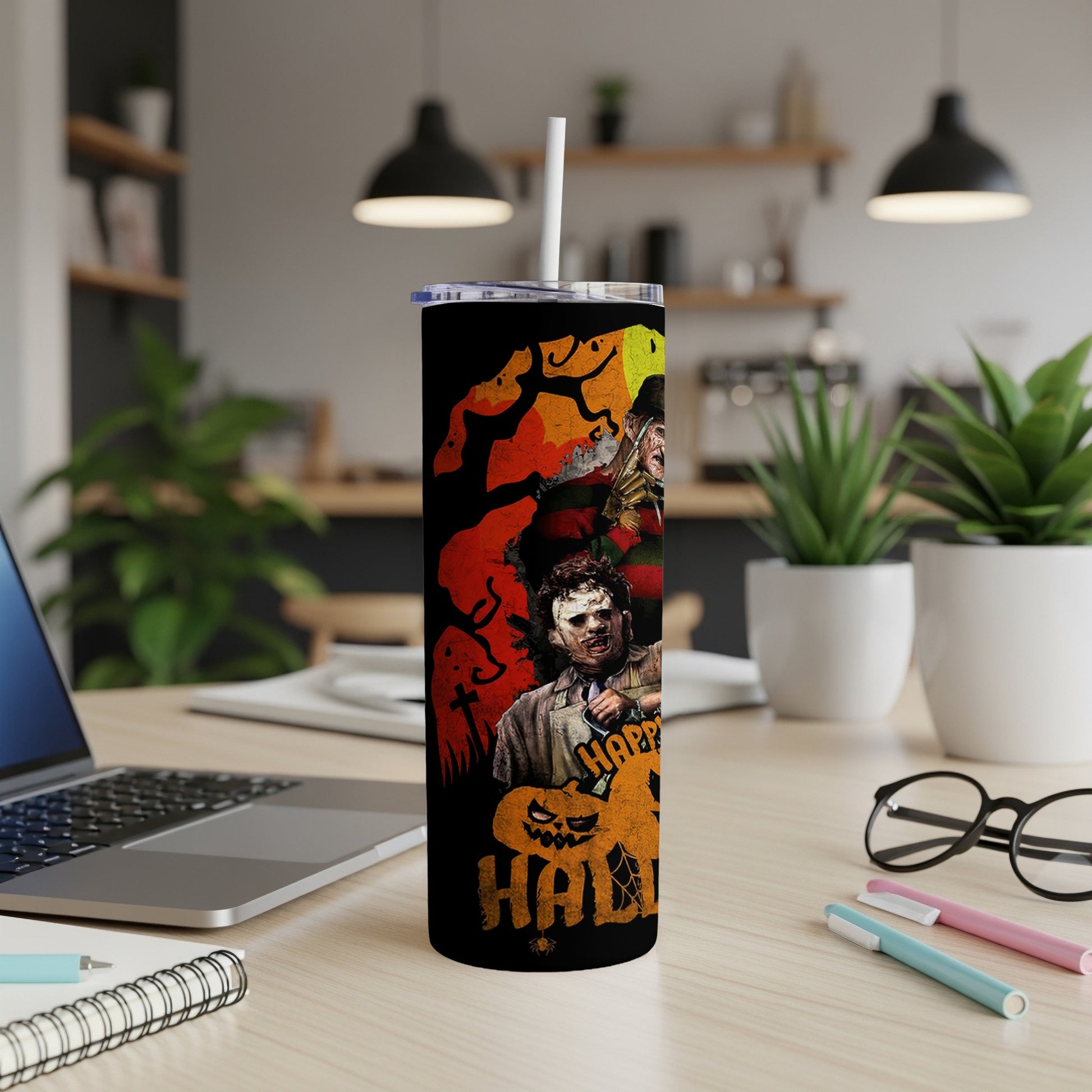 Halloween tumbler with horror movie villains and "Happy Halloween" text.
