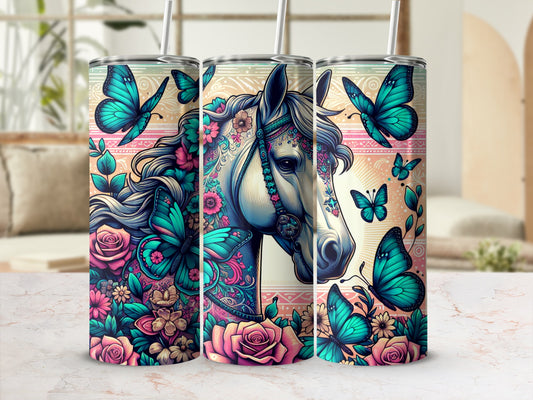 Horse with butterflies and floral design on a tumbler.