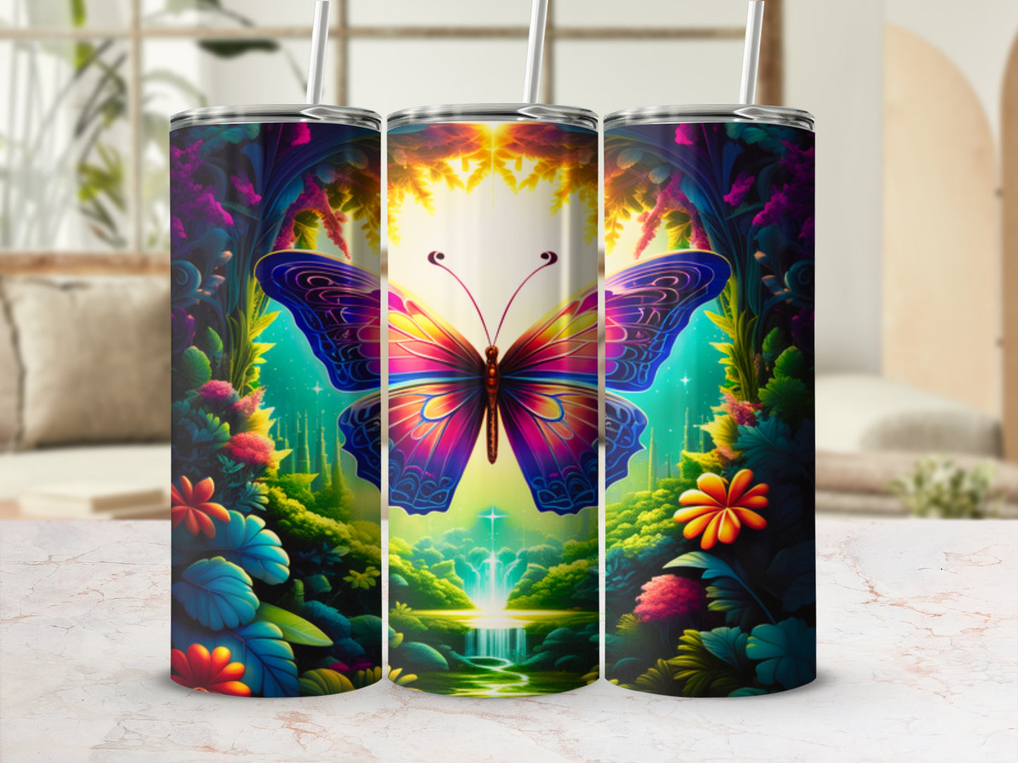 Enchanted forest scene with a large butterfly on a vibrant, colorful tumbler.