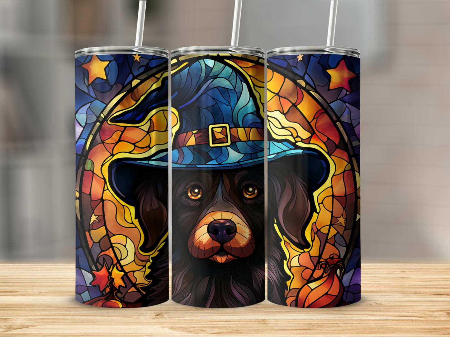 Dog wearing a witch hat, rendered in stained glass style.