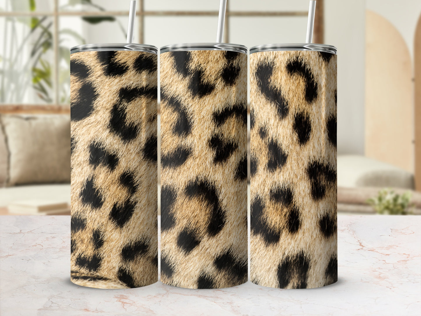 Leopard Print Insulated Tumbler with Straw Cup