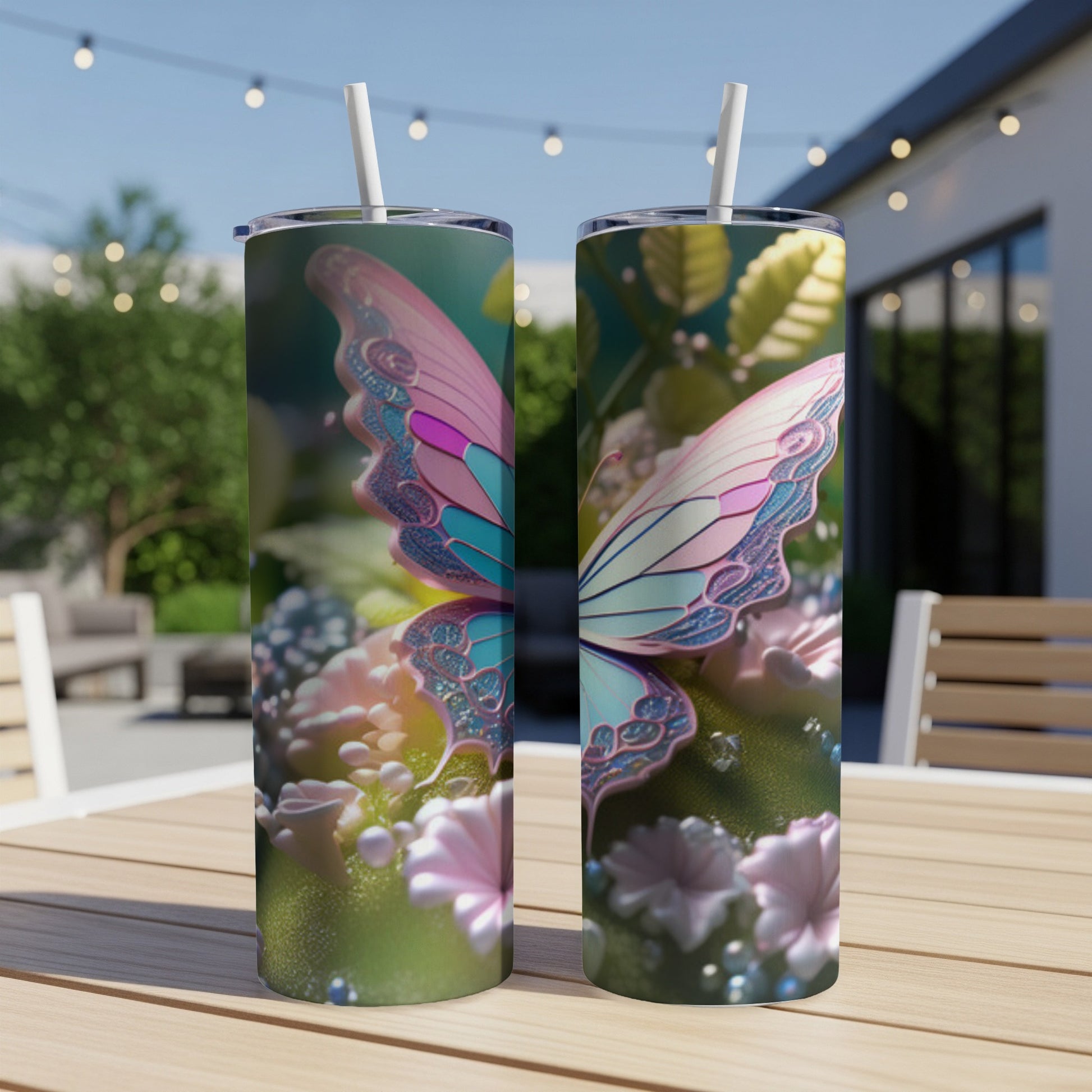 Two iridescent butterfly tumblers with floral and butterfly designs on a table.