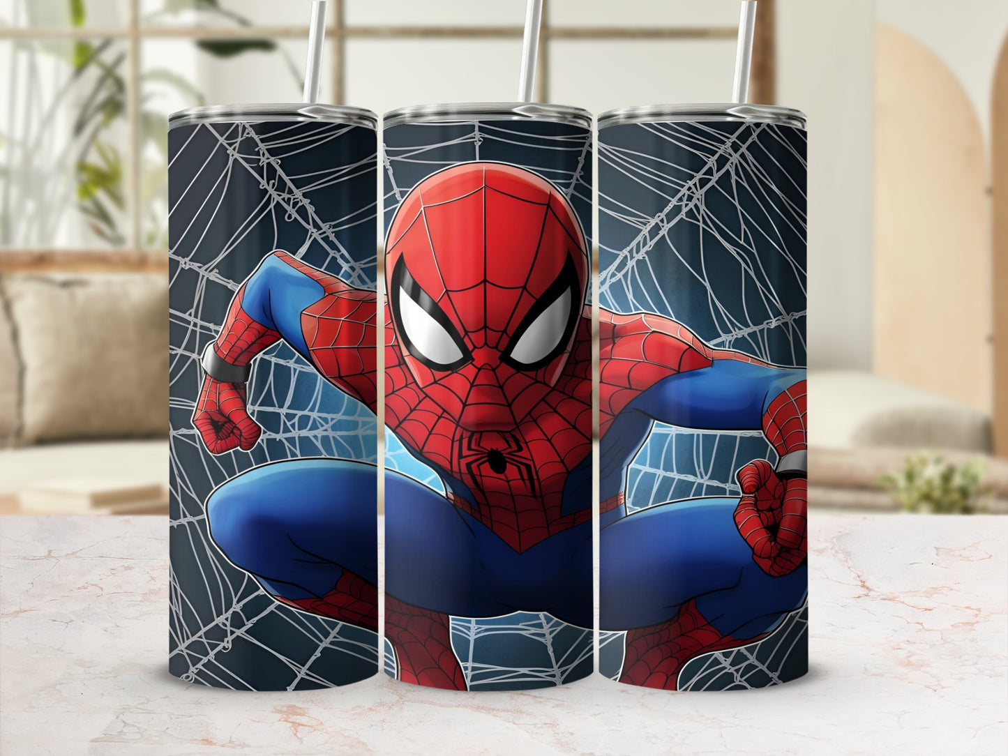 Spiderman in a web-patterned tumbler against a blurred background.