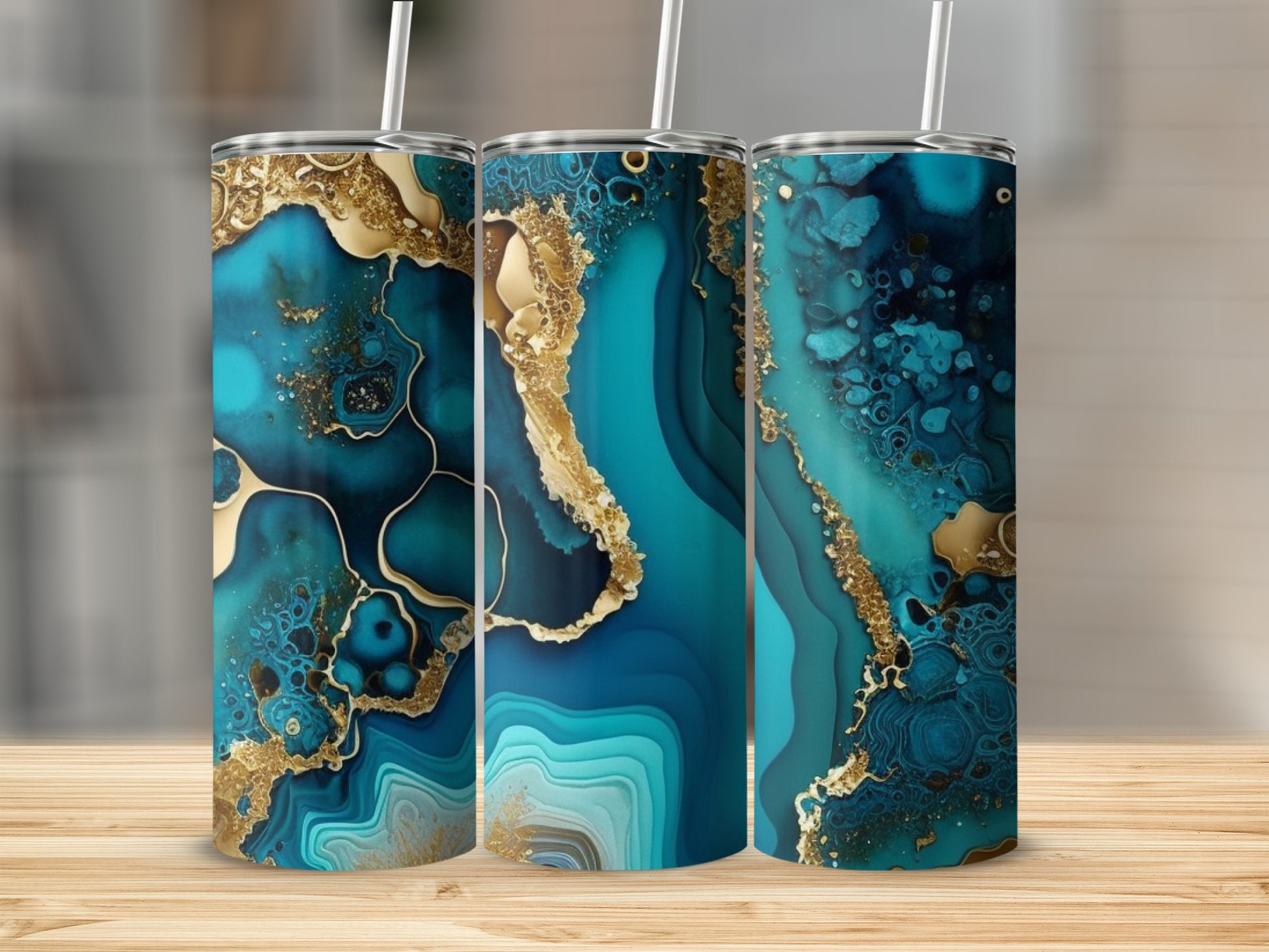 Stunning Ocean Blue and Gold Tumblers Set of Three