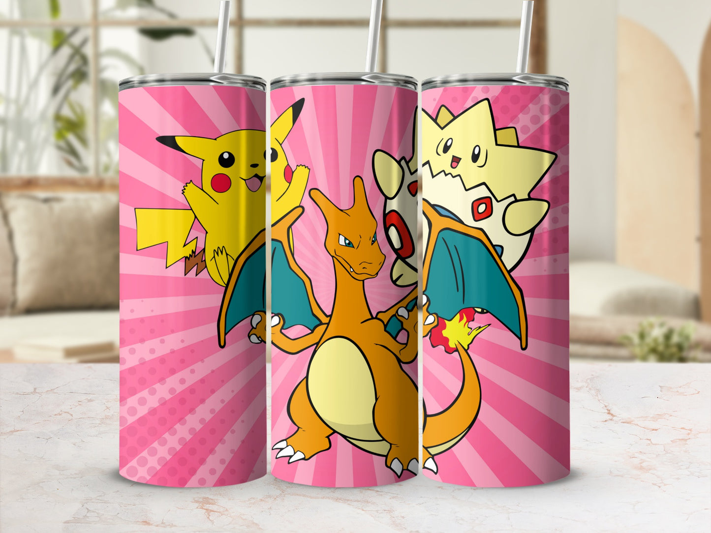 Colorful Cartoon Pikachu Charizard Togepi Tumbler