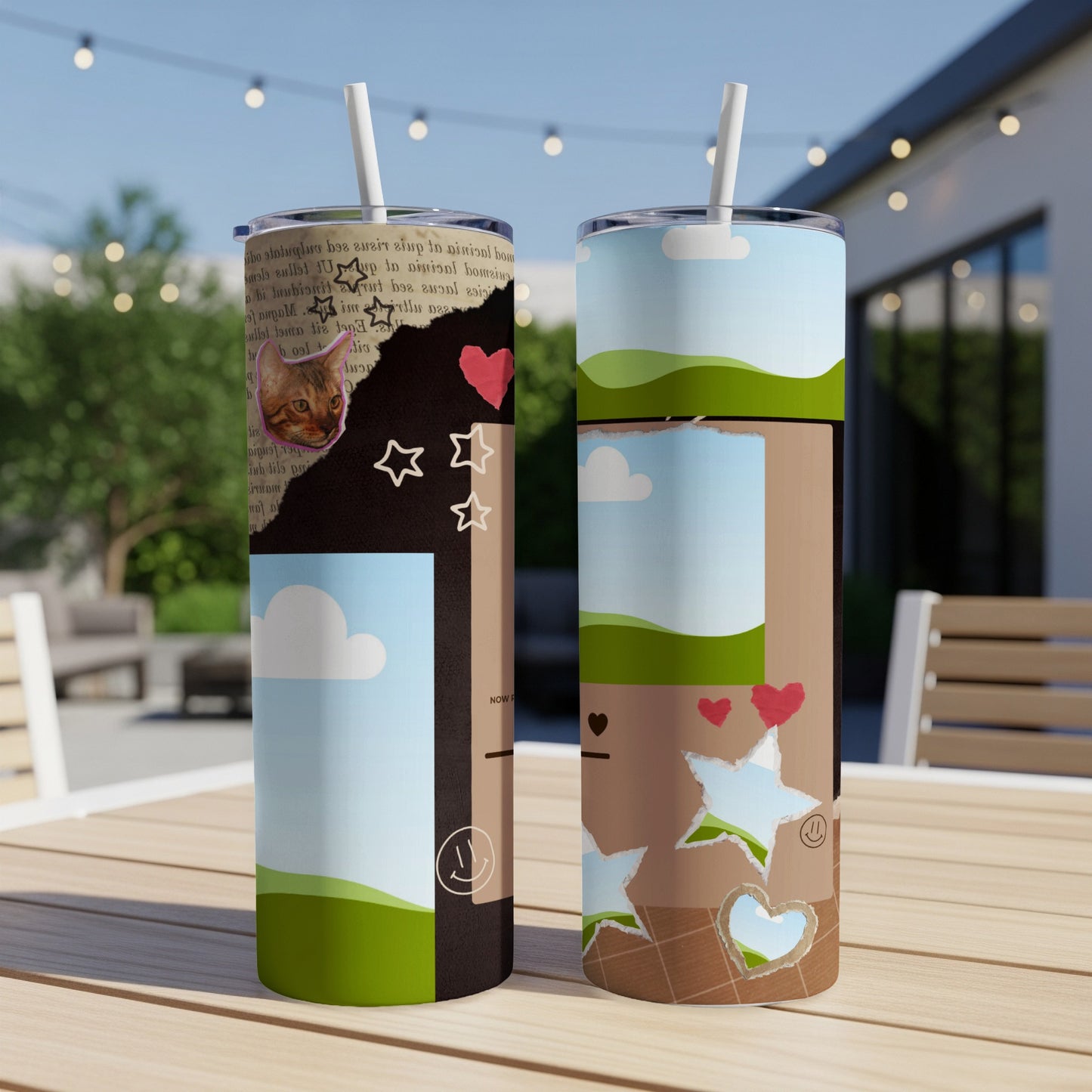 Two tumblers with collage designs featuring a cat, hearts, clouds, and torn paper.