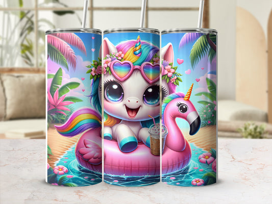 Cute unicorn with heart sunglasses on a flamingo float, with tropical plants.
