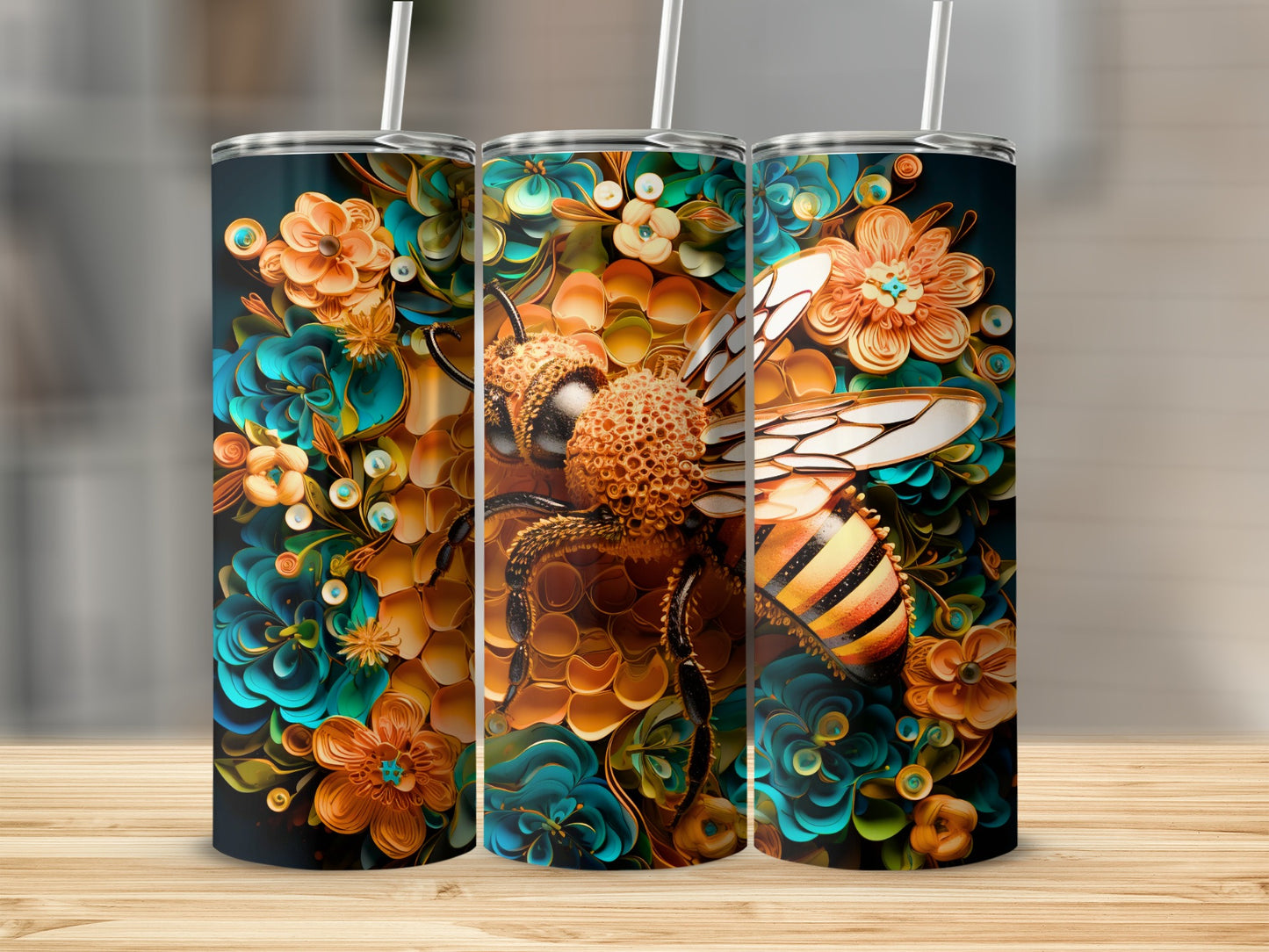 Detailed Honeybee Teal Orange Quilling Flowers Tumbler product type
